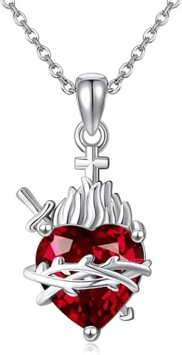 Sterling Silver Personalized Birthstone Sacred Heart of Jesus Necklace Immaculate Heart of Mary Necklace for Women Christian Jewelry