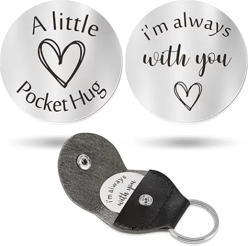 Sureio Pocket Hug Token Long Distance Relationship Keepsake Stainless Steel Double Sided Inspirational Gift with Keychain