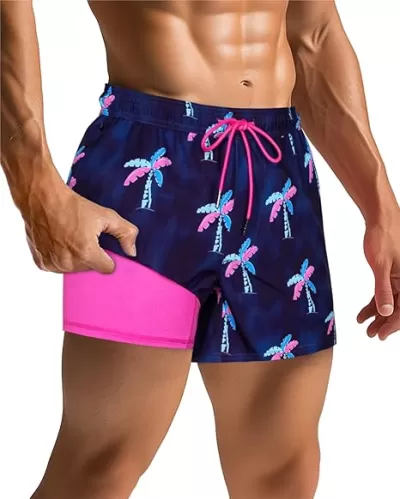 SURF CUZ Mens Swim Trunks with Compression Liner Quick Dry Swim Shorts Swimming Trunks 2 in 1 Bathing Suit Zipper Pockets