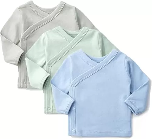 SYCLZ Unisex-Baby 100% Cotton Long Sleeve Side-Snap Shirts Soild Color Kimono Tees 0-12M (0-3M, Blue/Green/Gray)