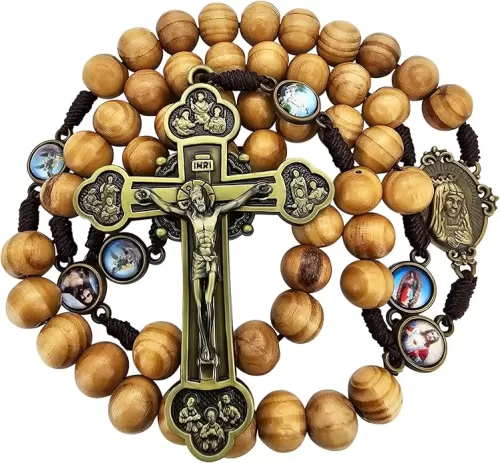 TALISMAN4U Wood Rosary Beads Catholic Necklace 12 Apostles Crucifix Large Bronze Cross Immaculate Heart of Mary Jesus Sacred Medals Handmade Wooden Rosaries for Men Gift Box & Prayer Card