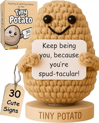 Tiny Potato - Handmade Positive Crochet Doll with 30 Uplifting Cards - Friendship Gifts for Women for Birthday, New Job, Cheer Up Emotional Support - Gift for Best Friend, Bestie, Coworkers, BFF