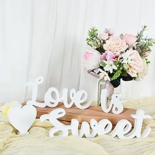 TONIFUL Love Is Sweet Sign for Dessert Table, Love Is Sweet Table Decor Love Wood Sign Letter LVOE Table Top for Wedding Decor, Anniversary, Photo Prop (White)