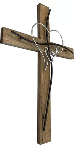 Top Brass Large Love/Heart Decorative Welded Offset Metal/Rustic Wood Wall Cross - Valentine, Anniversary Jesus Art Decor