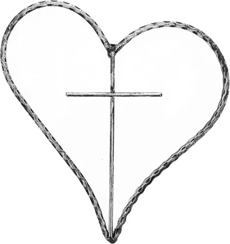 Top Brass Metal Heart/Cross Wall Decor - 12" Rustic Jesus Love Art Plaque (Antique Silver)