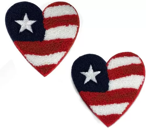 US Flag Heart Patch Chenille Embroidered Iron-On Patch, Embroidery Applique by 2-pcs, 3-1/4" x 3-1/8", SP-2925