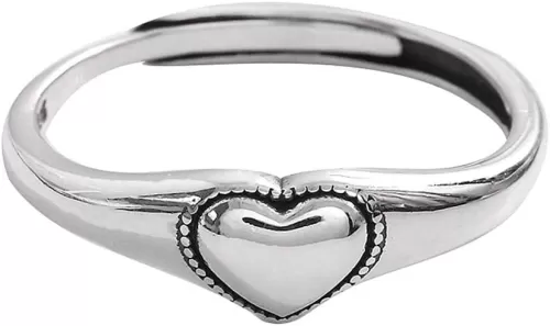 Vintage Heart S925 Sterling Silver Ring for Women Dainty Engagement Promise Love Expandable Open Finger Statement Stacking Rings Adjustable Fashion Gift Valentine's Anniversary(Polished)