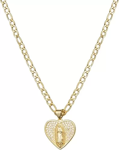 Virgin Mary Necklace for Women 14K White Gold Plated Our Lady of Guadalupe Mother Mary Pendant Heart Zircon Inlay Charm Figaro Chain Necklaces Catholic Gift