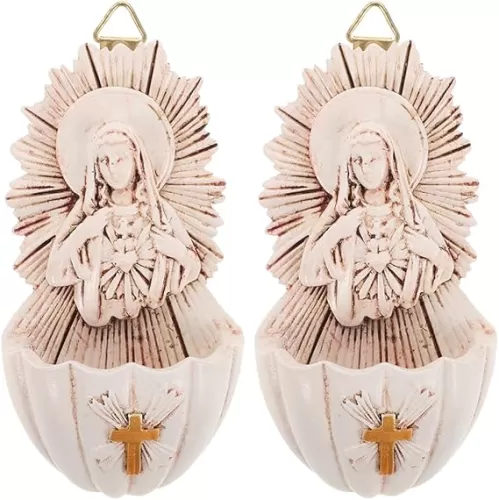 VOSAREA 2pcs Catholic Sculptures Resin Catholic Holy Water Font Sacred Heart of Holy Water Font Wall Mounted Religious Holy Water Font Decor for Entrance Home (4.72X2.44X1.38 Inch)