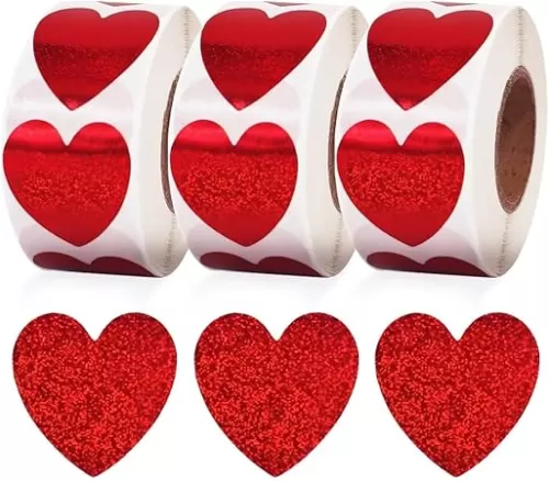 Vuzvuv 1500 Labels Glitter Red Heart Stickers, 1 inch Sparkling Cute Adhesive Heart Stickers for Wedding Anniversaries, Envelopes Seal & Small Business Packaging(3 Rolls 500 pcs per roll)