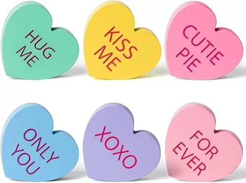 WATINC 6Pcs Valentine Heart Table Decor Tiered Tray Signs, Happy Valentine's Day Double-sided Conversation Sweet Heart Shaped Sign Tabletop Wooden Centerpiece, Wedding Party Gifts Decorations Supplies