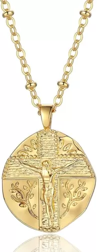 Womens Crucifix Medallion Necklace | “Always Close to My Heart | Catholic Crucified Jesus Christ Charm Pendant | 18" - 20
