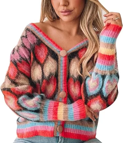 Women's Cute Sweater Cardigan Heart Print Y2K Button Open Front Cardigans V Neck Cropped Knitted Outerwear