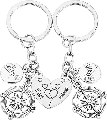 WUSUANED Broken Heart Best Friends Pinky Promise Compass Keychain Set Friendship Gift Jewelry