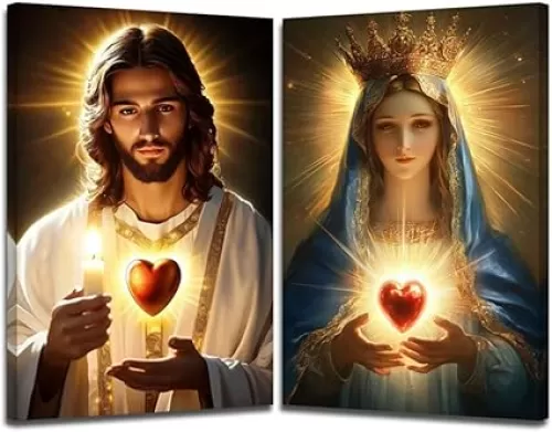 XLMDYYSW Sacred Heart Canvas Wall Art 2 Panel Jesus and Mary Portrait Picture God Divine Mercy Painting Christian Catholic Prints for Church Decor Framed (White, 12.00" x 16.00" x 2PCS)