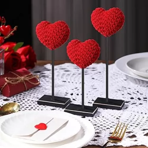 Yousoontic 3 Pack Valentine's Day Table Decor Crochet Heart Sign Centerpiece Knitted Woven Heart Shape Tall Standing Tabletop Sign for Valentines Tiered Tray Home Wedding Decoration (Red)
