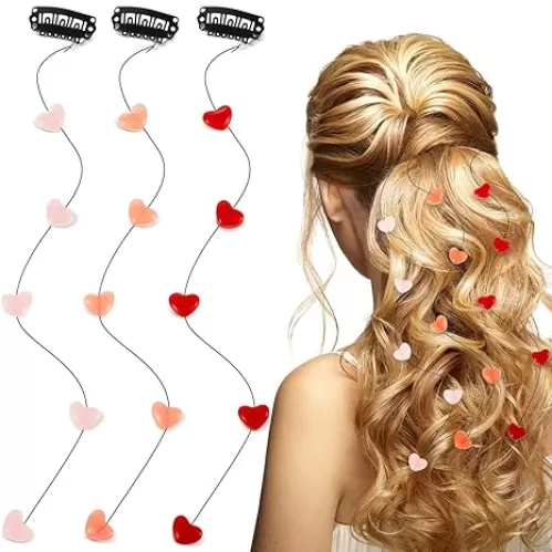 Youyole 3 Pcs Heart Hair Extensions Acrylic Love Heart Bead Streamline Decorative Hair Clip DIY Cute Tousle Accessories Invisible Tousle Side Comb for Women Girls Light Pink Rose Red Bright Red