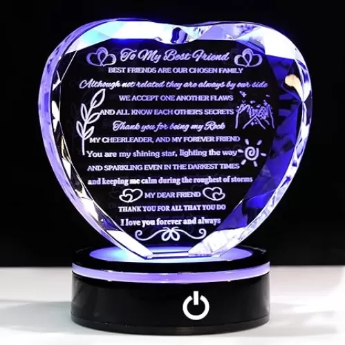 YWHL Best Friend Birthday Gifts with LED Base Crystal Heart Keepsakes Friendship Gifts for Women Best Gift Ideas for Bestie Friends Female BFF Gift for Her