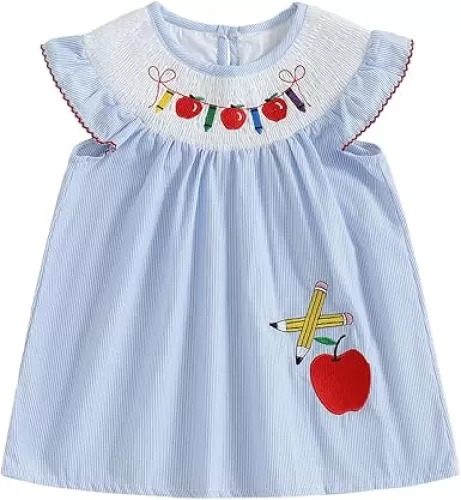 1-5Y Toddler Baby Girl First Day of The School Dress Smocked Apple Pencil Embroidery Stripe Dresses Kindergarten Clothes