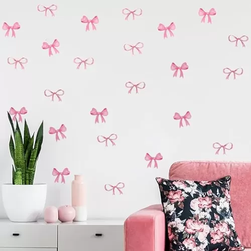 12 Sheets Bow Wall Stickers Peel and Stick Coquette Pink Bow Heart Decals for Room Nursery Boho Bedroom Dresser Living Room Playroom Windows Aesthetic Waterproof Wallpaper for Christmas Decor