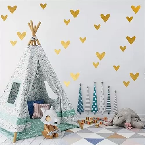 126 Pcs Loving Heart Wall Decal, Gold Heart Wall Stickers for Girls Room Decor Vinyl Stickers Removable