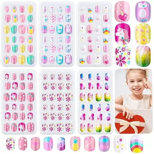 144 Pieces Press on Nails Grils, Thrilez Children Fake Artificial False Nail Tips Pre Glue Full Cover Short Acrylic Nails for Girls Kids Nail Art Decoration (Rainbow Sky)