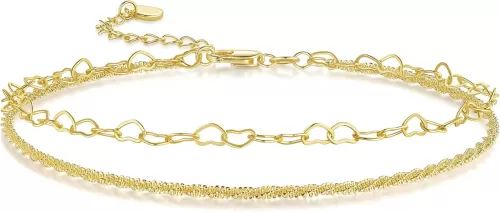14K Gold Anklets for Women Gold Ankle Bracelets for Women Heart Anklets for Womens Double-Layered Heart Design Layered Ankle Bracelets for Womens Anklet