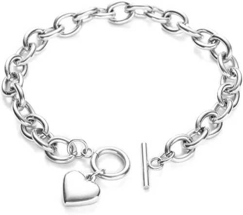 14K Gold Silver Tone Women’s Heart Charm Bracelets Toggle Clasp Stainless Steel Link Bracelet Minimalist Jewelry 7.5”