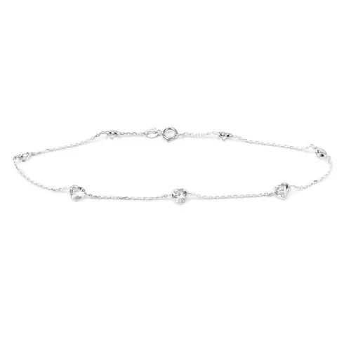 14K White Gold Anklet Bracelet With Heart Shaped Cubic Zirconia Stones 9 Inches