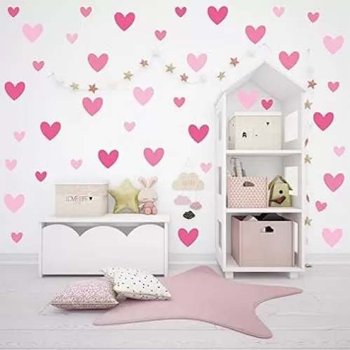 170pcs Pink Heart Wall Decals - Premium Matte PVC Reusable Wall Stickers for for Living Room Bedroom Kids Toddler Girls Room Nursery, 10 Sheets Romantic Cute Wall Murals for Home Decor DIY Art