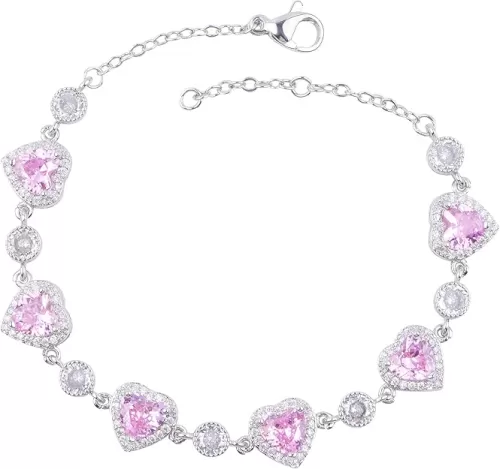 1pcs Love Heart Cherry Flower Pink Cubic Zirconia Bracelet Heart-shaped Bridal Wedding Bracelet Links Jewelry Gift for Brides Bridesmaids Women Party Prom