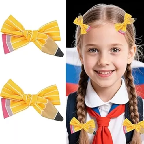 2 Pack Yellow Pencil Hair Clips - Cute School Supplies Hair Accessories for Girls, Back to School Season, Teacher Gifts, Classroom Prizes, Kawaii Butterfly Bow Hair Clips for Kids & Teens