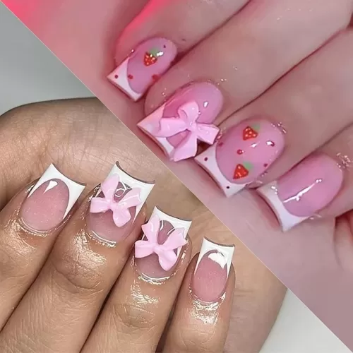 2 Packs 48Pcs French Tip Press on Nails Short Square Fake Nails Bow Charms Acrylic False Nails Cute Glue on Nails Reusable Artificial Nails Stick on Nails for Women Girls Manicure Nails Decoration