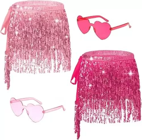 2 PCS Sequin Fringe Skirt Belly Dance Hip Scarf Sparkly Tassel Skirt Party Concert Outfit for Women with Heart Sunglasses