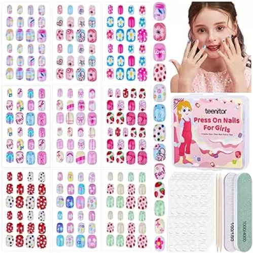 216pcs Press on Nails For Grils, 9 Colors 12 Sizes Short Acrylic Nails With Nail Adhesive Tabs, Nail File Buffer