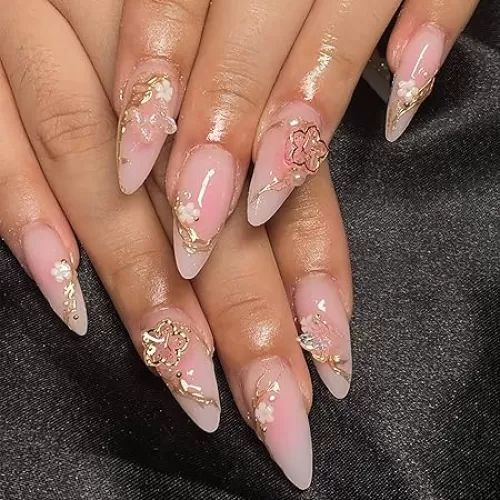 24Pcs Almond Press on Nails Medium French Tip Fake Nails with Cute Bow Butterfly Rhinestones Charms Glue on Nails Spring Flower False Nails Pink Acrylic Nails Shiny Bows Stick on Nails for Women