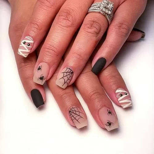 24pcs Black Halloween Press on Nails Short Square Fake Nails with Spiders Web False Nails Design Acrylic Glue Nails Stick on Nails Cute Artificial Nails for Women Party