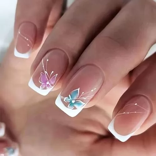 24PCS Butterfly Press on Nails Square French Short False Nails Full Cover With Designs Fake Nail Kit Reusable Glossy Artificial Fake Fingernails White Acrylic Cute Fale Nails For Women Girls Manicure