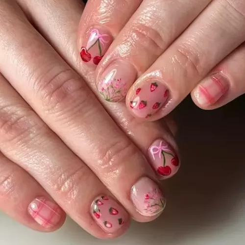 24PCS Flower Press on Nails Short Square Spring Fake Nails Bow Strawberry Cherry Designs Acrylic Nails Pink Floral False Nails Glue on Nails Cute Full Cover Glossy Artificial Nails for Women Girls