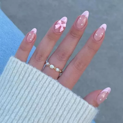 24Pcs French Press on Nails Almond Fake Nails Cute Pink Acrylic Nails with Bow Pearl Charms French Tip False Nails Kit Full Cover Artificial Nails Stick on Nails for Women DIY Manicure Accessories