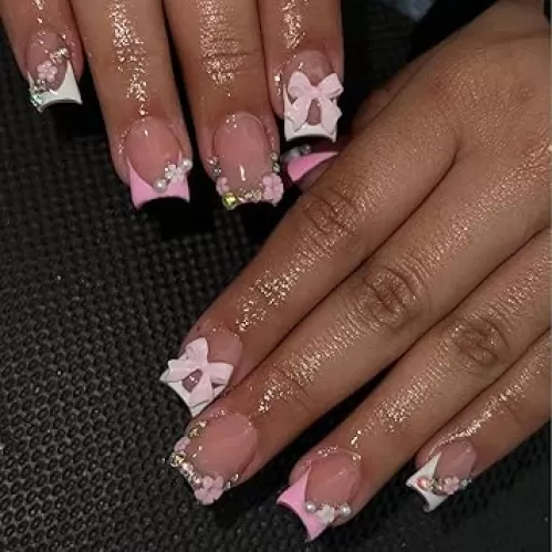 24Pcs French Tip Press on Nails Short Square Fake Nails with Charms Bow Flower Design Pink French Nails Press ons Cute Acrylic Nails Stick on Nails Rhinestones Glue on Nails for Women Girls