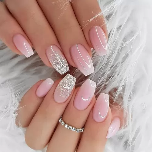 24pcs Nude Pink Press on Medium Oval Fake Nails with Glossy Glitter Designs - Acrylic Stick on Pink Gradient Full Cover False Artificial Nails for Women Girls - Glue on