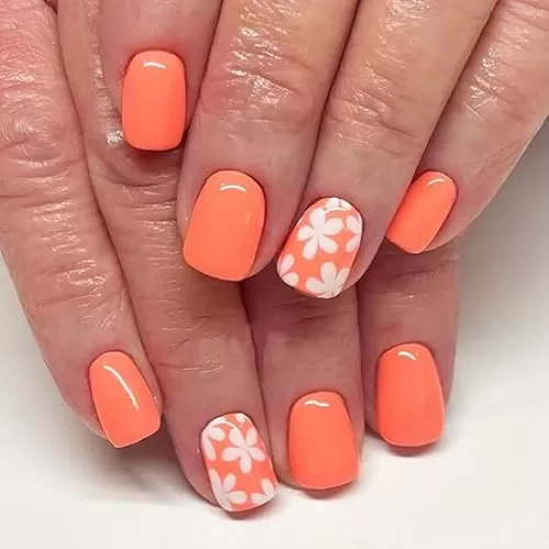 24Pcs Orange Press on Nails Spring Summer Fake Nails with White Flower Design Short Square Acrylic Nails Full Cover Glossy Acrylic Nails Reusable Stick on Nails for Women Spring Summer Nail Art