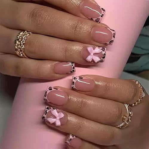 24Pcs Pink French Tip Press on Nails Short Square Nails Nude Fake Nails with Charms Pink Bow Acrylic Nails Leopard Print French Tips False Nails Leopard Stick on Nails for Women Girls Nail Designs