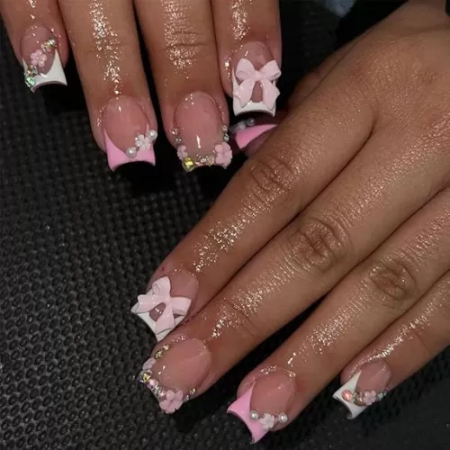 24PCS Pink Press on Nails Short Square False Nails 3D Bow Charms Design Almond Shaped Full Cover Acrylic Artificial Fake Fingernails Glossy Nude With Rhinestones Glitter Cute Fake Nail For Women Girls