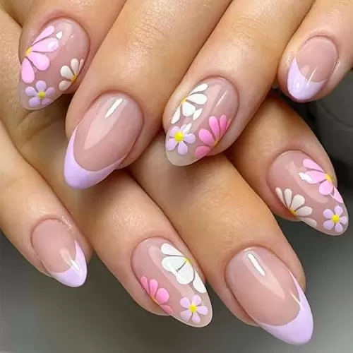 24Pcs Short Almond Press on Nails Purple French Tip Fake Nails Colorful Flowers Daisy Full Cover Stick on Nails Nude Pink Press Ons Flower False Nails Spring Summer Nail Designs for Acrylic Nails