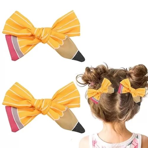 2Pcs Back to School Hair Bow Clips Yellow Pencil Hair Clips Cute Pencil Design Hair Bow Barrette for First Day of School Striped Hair Hairpin for Hair Styling Gifts for Kindergarten Students