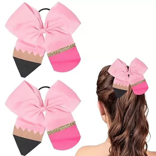 2Pcs Back to School Hair Bow Ties Pink Pencil Hair Ties Big Cute Scrunchies Teen College Elastic Ponytail Holder Cheer Sports Hair Bows for First Day of School Great Holiday Gifts for Students Girls