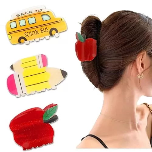 3PCS Back to School Hair Claw Pencil Apple and School Bus Shape Hair Clips Funny Teacher Claw Clips Cute Teacher Gifts