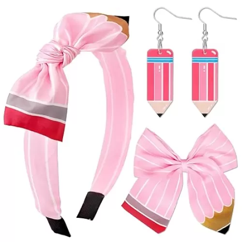 3Pcs Back to School Outfits Headbands, Hair Bows Accessories for Girls, Pencil Bows Clips Headband, Back to School Hair Accessories First Day Of School Gifts for Students(Pink)